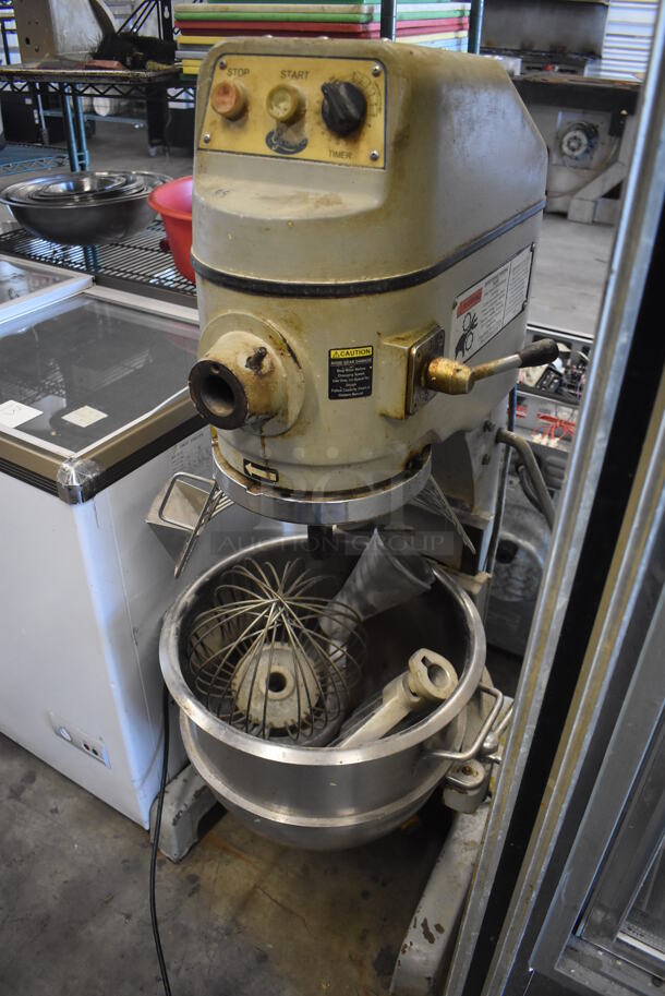 Globe SP30 Metal Commercial Floor Style 30 Quart Planetary Dough Mixer w/ Stainless Steel Mixing Bowl, Partial Bowl Guard, Paddle, Balloon Whisk and Dough Hook Attachments. 115 Volts, 1 Phase. 23x24x50. Tested and Does Not Power On