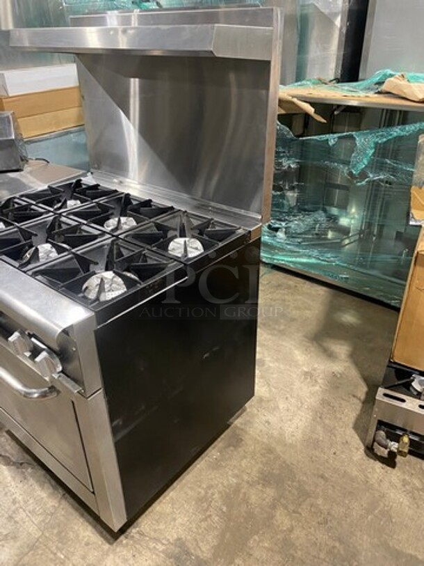 Pantin Commercial Natural Gas Powered 6 Burner Stove! With Raised Back Splash And Salamander Shelf! With Oven Underneath! All Stainless Steel! On Legs! - Image 3 of 10
