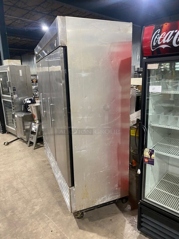 BEAUTIFUL! True Commercial 3 Door Reach In Refrigerator! With Poly Coated Racks! All Stainless Steel! Model T72 Serial 12432016! 115V 1Phase! On Casters! WORKING WHEN REMOVED! - Image 3 of 9