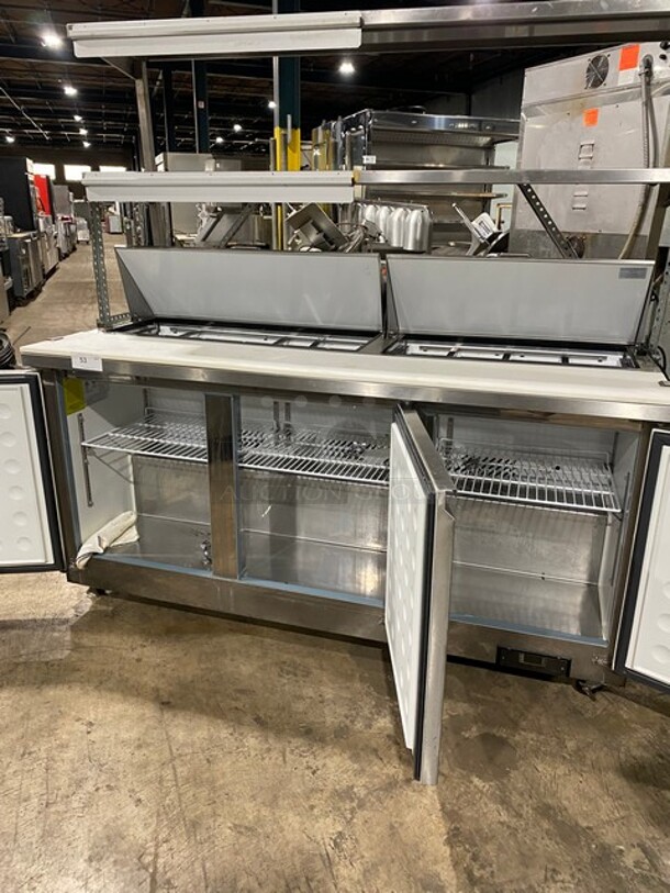 SWEET! Empura Commercial Refrigerated Salad/Sandwich Prep Table! With 3 Door Underneath Storage Space! With Commercial Cutting Board! With Double Overhead Shelf & Ticket Holder! All Stainless Steel! Model EKSP72 Serial EKSP72R21251226! 115V 1Phase! On Casters! WORKING WHEN REMOVED! - Image 3 of 10