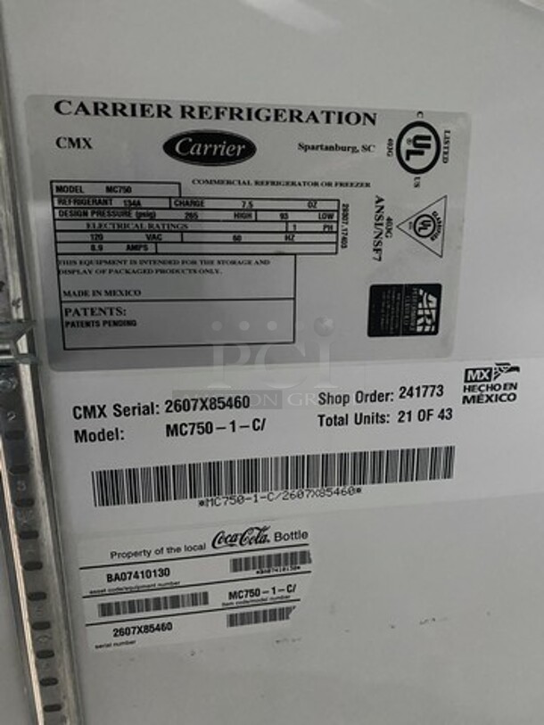 Carrier Commercial Single Door Reach In Refrigerator Merchandiser! With View Through Door! With Poly Coated Racks! Model: MC750 SN: 2607X85460 120V 60HZ 1 Phase - Image 6 of 8