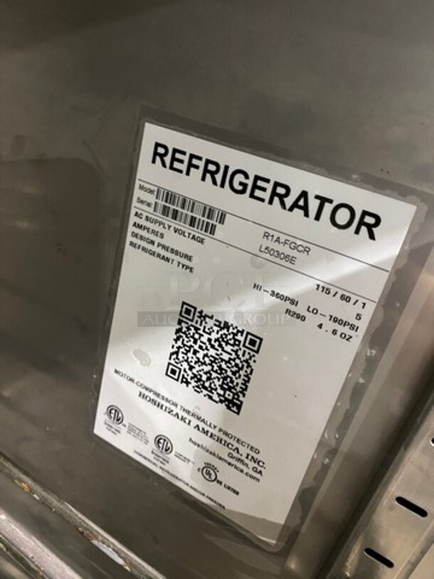 Hoshizaki Commercial Single Door Reach In Cooler! With View Through Door! Stainless Steel Body! On Casters! Model: R1AFGCR SN: L50306E 115V 60HZ 1 Phase - Image 7 of 9