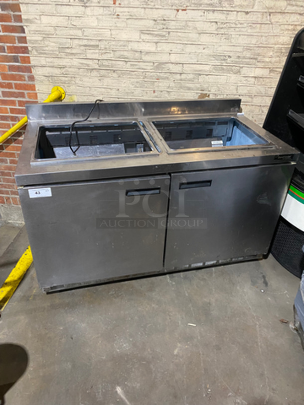 Delfield Manitowoc Commercial Refrigerated Sandwich Prep Table! With Back Splash! With 2 Door Storage Space! Poly Coated Racks! All Stainless Steel!