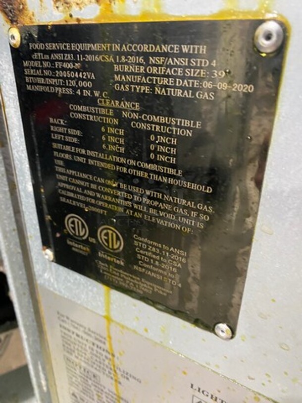 LATE MODEL! 2020 Avantco Commercial Gas Powered Deep Fat Fryer! All Stainless Steel! On Legs! Model: FF400 SN: 20050442VA - Image 7 of 8