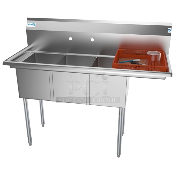 BRAND NEW SCRATCH & DENT! Koolmore SC121610-12R3 51 in. Three Compartment Stainless Steel Commercial Sink with Drainboard, Bowl Size 12"x 16"x 10". Packaging is damaged.  - Image 1 of 2