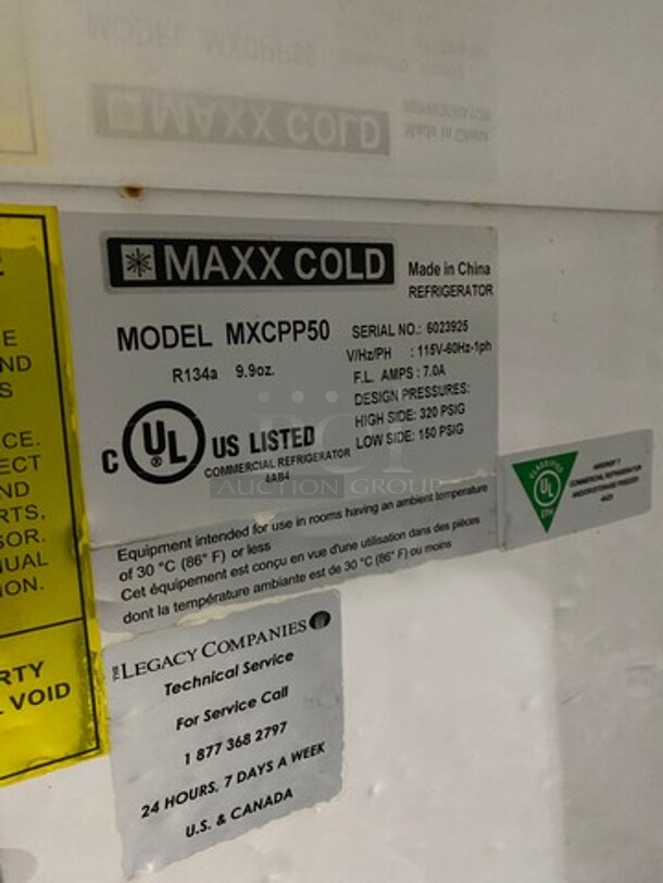 Maxx Cold Commercial Refrigerated Pizza Prep Table! With Single Door Storage Space! All Stainless Steel! On Casters! Model: MXCPP50 SN: 6023925 115V 60HZ 1 Phase - Image 8 of 9