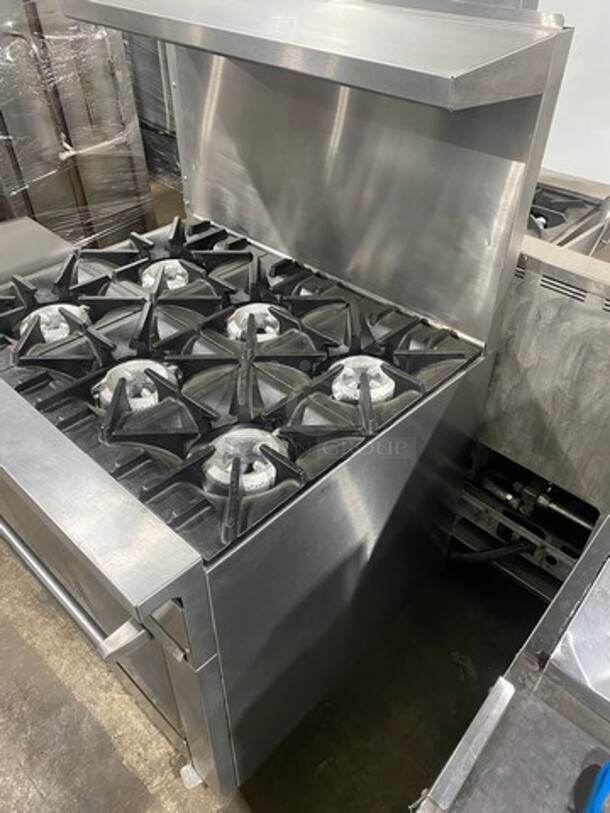 Sunfire Commercial Natural Gas Powered 6 Burner Stove! With Raised Back Splash And Salamander Shelf! With Oven Underneath! All Stainless Steel! On Casters! - Image 2 of 9