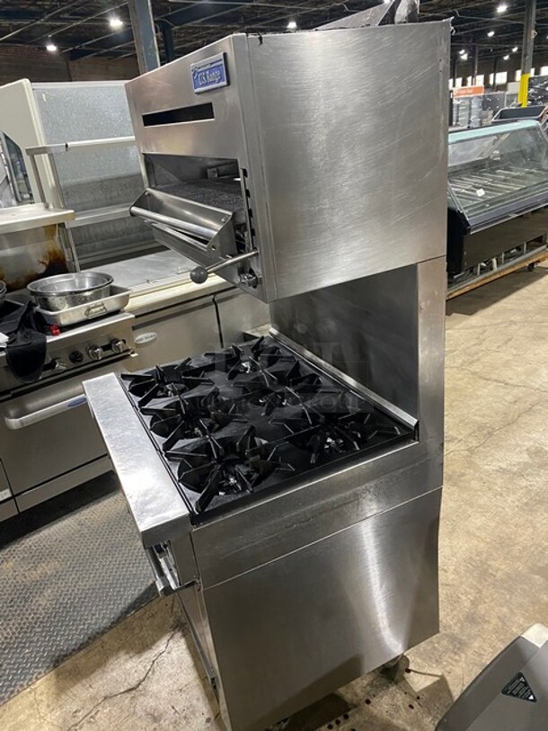 Sunfire Commercial Natural Gas Powered 6 Burner Stove! With Raised Backsplash & US Range Cheese Melter/Salamander Overhead! With Full Size Oven Underneath! All Stainless Steel! On Commercial Casters! - Image 4 of 10