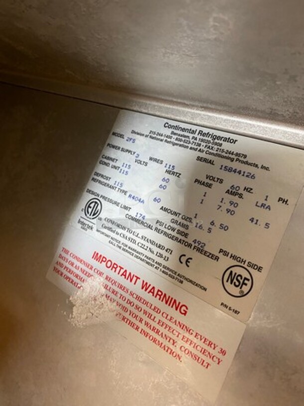 Continental Commercial 2 Door Reach In Freezer! With Poly Coated Racks! All Stainless Steel! On Casters! WORKING WHEN REMOVED! Model: 2FS SN: 15844126 115V 60HZ 1 Phase - Image 6 of 8