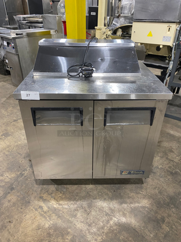 NICE! True Commercial Refrigerated Sandwich Prep Table! With 2 Door Storage Space Underneath! All Stainless Steel! On Casters! Model: TSSU3608 SN: 5143456 115V 60HZ 1 Phase