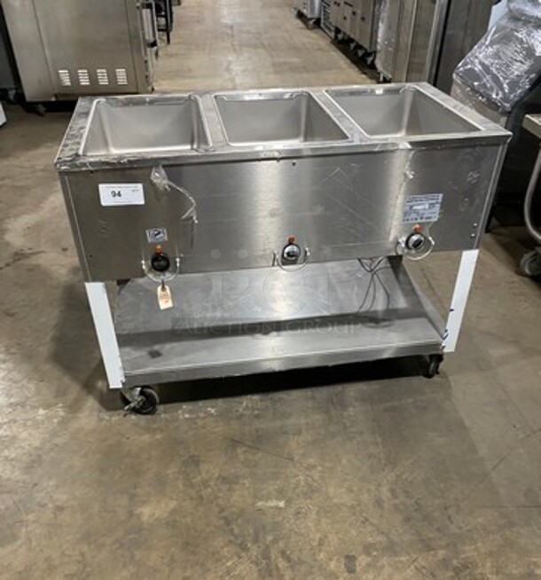Duke Commercial Electric Powered 3 Well Steam Table! With Storage Space Underneath! All Stainless Steel! On Casters! Model: E303M SN: 12063086 208V 60HZ 3 Phase