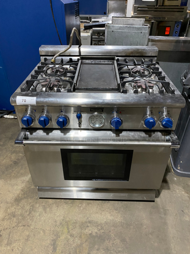 Thermador Gas Powered Stove Top! 4 Burner And Built In Flat Top In The Center! With Full Size Oven Underneath! With Metal Oven Racks! All Stainless Steel!