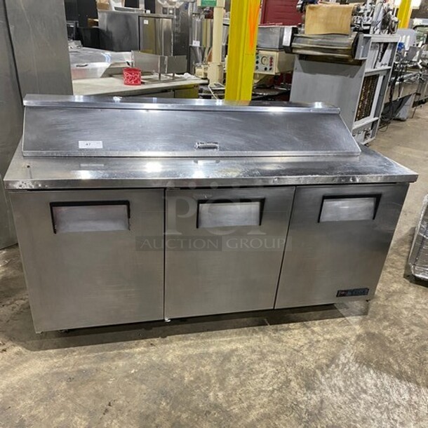True Commercial Refrigerated Sandwich Prep Table! With 3 Door Storage Space Underneath! All Stainless Steel! On Casters! Model: TSSU7218 SN:14411039 115V 1PH - Item #1107347