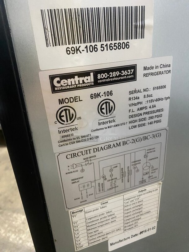 LATE MODEL! 2016 Central Commercial Refrigerated Bar Back Cooler! With 2 Glass Doors! All Stainless Steel! With Poly Coated Racks! 115V 1 Phase! Model 69K106 Serial 5165806! Working When Removed! - Image 5 of 9