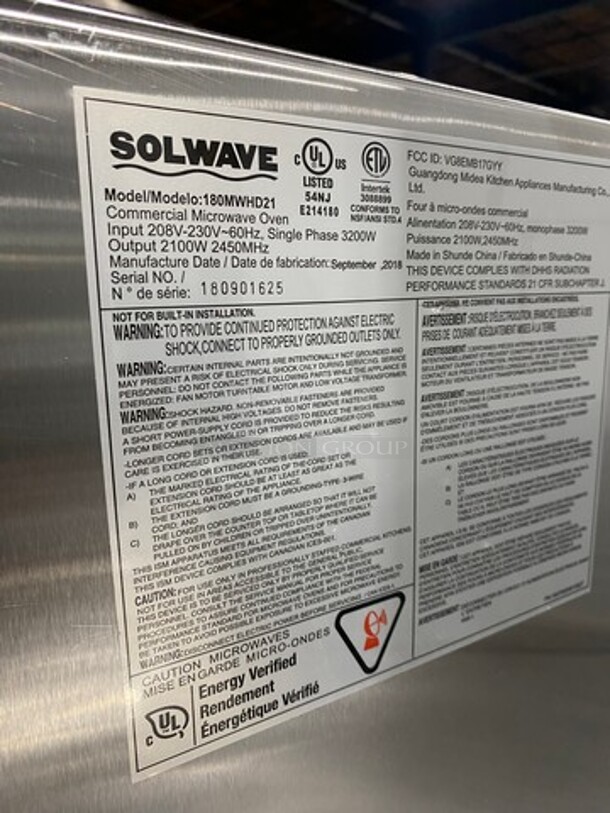 AWESOME! 2018 LATE MODEL! SOLWAVE All Stainless Steel Microwave Oven! Model 180MWHD21 Serial 180901625 208V-230V/60Hz/1 Phase  - Image 5 of 8