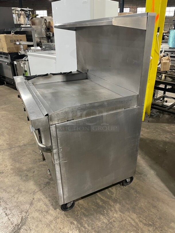 Nice! All Stainless Steel Natural Gas Powered Combo Range! 2 Burner With 36 Inch Flat Top  Griddle! With Two Ovens Underneath! On Commercial Casters! - Image 3 of 10