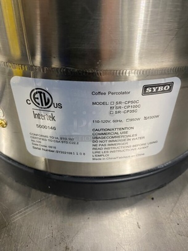 NICE! SYBO COFFEE PERCOLATOR
Stainless Steel MODEL SRCP100C 60Hz, 1500W, - Image 4 of 8