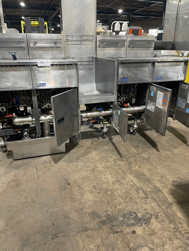 WOW! Pitco 4 Bay Natural Gas Powered Commercial Deep Fat Fryer With Dump Station! With Oil Filter System! MODEL: SGH50 SN: G11BD005235 115V! Working When Removed!
 - Image 9 of 12