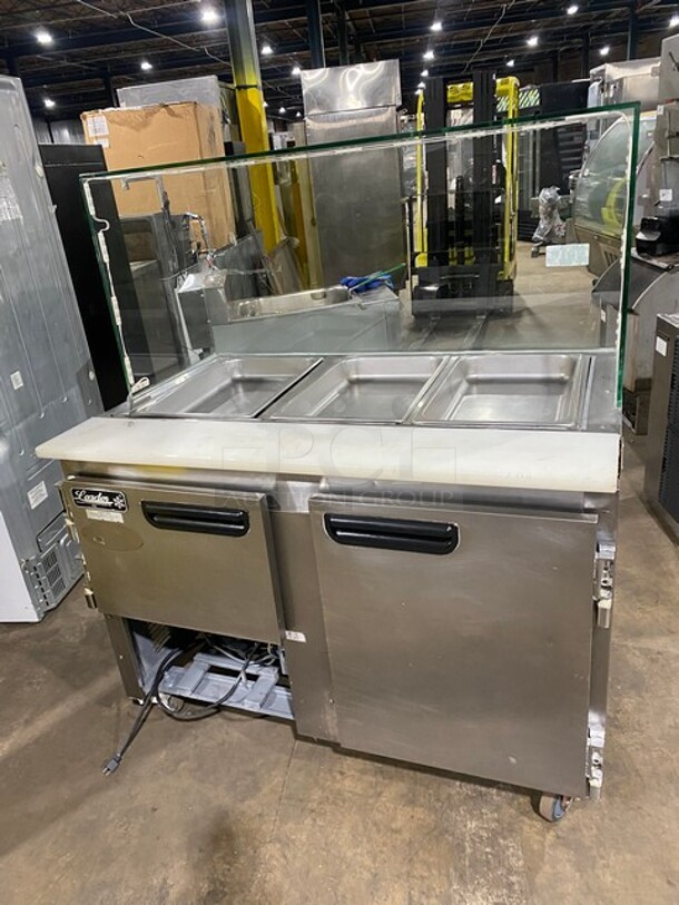 Leader Commercial Refrigerated Sandwich Prep Table! With Commercial Cutting Board! With Sneeze Guard! With 2 Door Storage Space Underneath! All Stainless Steel! On Casters! Model: LM48 SN: PW11M2201B! 115V 60HZ 1 Phase! - Image 3 of 8