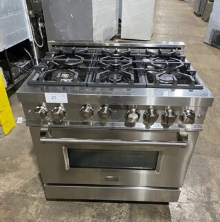 2021 Zline Gas Powered 6 Burner Stove! With Oven Underneath! Stainless Steel! MODEL RG36 SN: RG36GE2108004402 120V