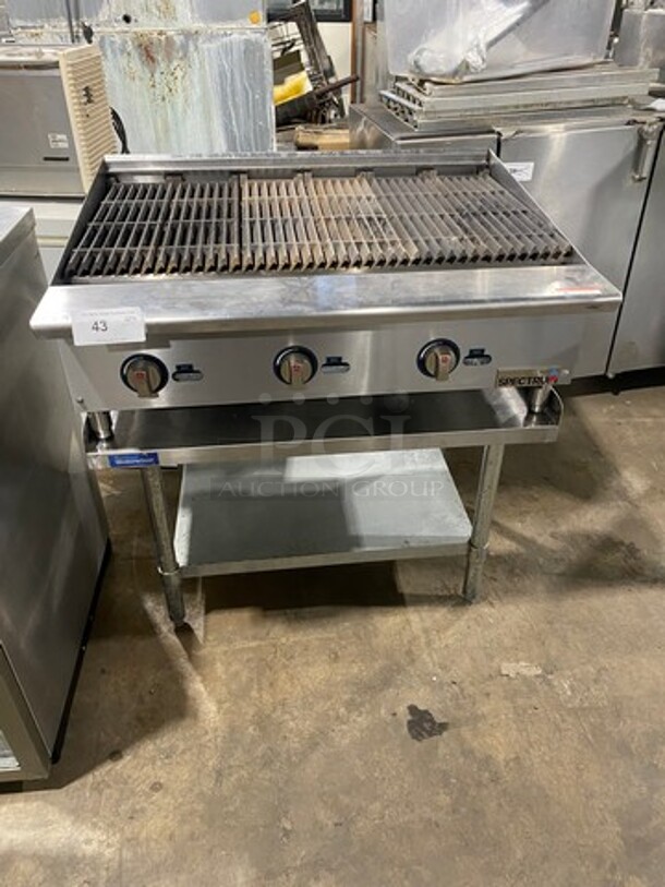 LATE MODEL! 2021 Spectrum Commercial Natural Gas Powered Char Broiler Grill! With Back And Side Splashes! On Small Legs! On Equipment Stand! With Storage Space Underneath! All Stainless Steel! On Legs! Model: NGCB36R SN: NGCB365040001116 - Image 1 of 10