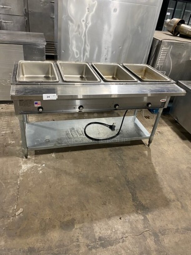 NICE! Eagle Commercial Electric Powered 4 Well Steam Table! With Storage Space Underneath! All Stainless Steel! On Legs! WORKING WHEN REMOVED! Model: DHT4120 SN: 2106100056 120V 60HZ 1 Phase