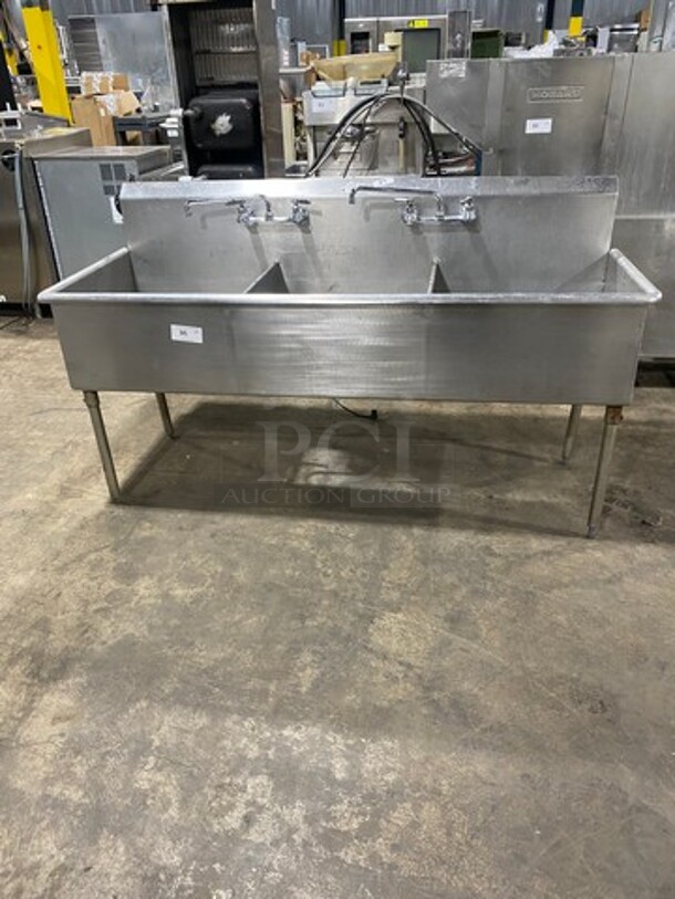 Commercial 3 Compartment Dish Washing Sink! With Faucets And Handles! With Back Splash! All Stainless Steel! On Legs! - Image 1 of 9