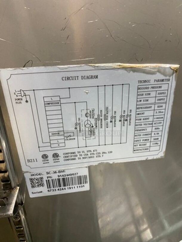 Universal Coolers Commercial Refrigerated Sandwich Prep Table! With 2 Door Storage Space Underneath! With Poly Coated Rack! All Stainless Steel! On Casters! Model: SC36BMI SN: 6733424419111105 115V - Image 7 of 9