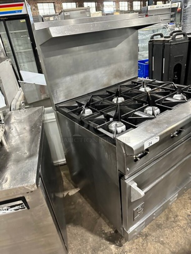Wolf Commercial Natural Gas Powered 6 Burner Stove! With Raised Back Splash And Salamander Shelf! With Oven Underneath! All Stainless Steel! On Legs! - Image 4 of 10