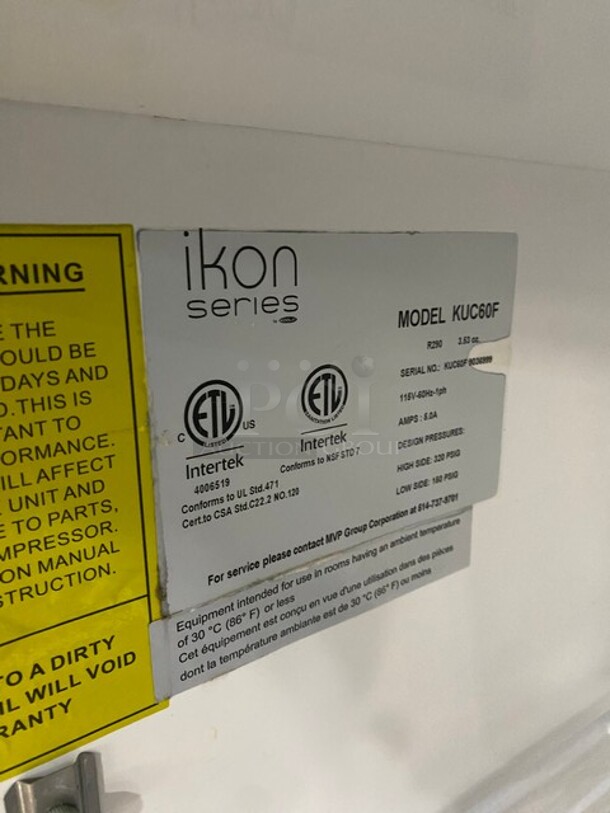 Ikon Stainless Steel Undercounter Freezer! MODEL KUC60F SN: KUC60F9036999 115V 1PH - Image 7 of 8