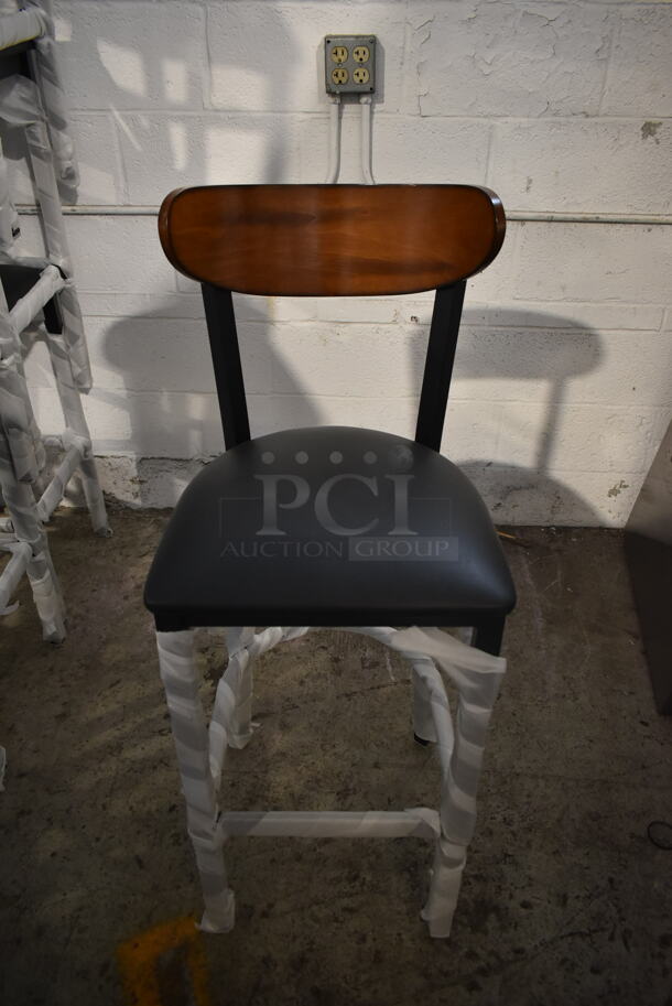 4 BRAND NEW SCRATCH AND DENT! Black Metal Bar Height Chairs w/ Black Seat Cushion and Wooden Back Rest. 4 Times Your Bid! - Image 1 of 5