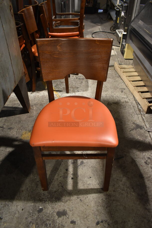 8 Wooden Dining Height Chair w/ Orange Seat Cushion. 8 Times Your Bid!