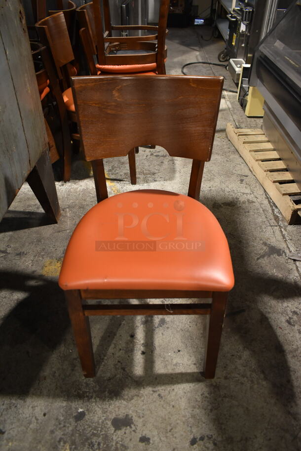 8 Wooden Dining Height Chair w/ Orange Seat Cushion. 8 Times Your Bid! - Image 1 of 5