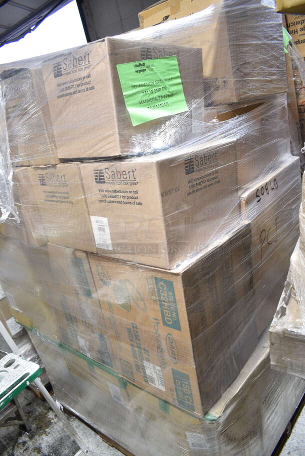 PALLET LOT of 23 BRAND NEW Boxes Including Dart C32HBD PresentaBowls 32 oz Clear Hinged Lid Containers, M Tucker Creamed Corn White Kraft Carton, 49032F300N 32 oz Square Pulp Bowl, Sabert 14080B50 Clear 80 oz./5 lb. Square Bowl. 23 Times Your Bid!  - Image 2 of 6