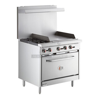 BRAND NEW SCRATCH AND DENT! Cooking Performance Group 351S36G24L Stainless Steel Commercial Propane Gas Powered 2 Burner Range with 24" Griddle, Oven, Over Shelf and Back Splash. 130,000 BTU.