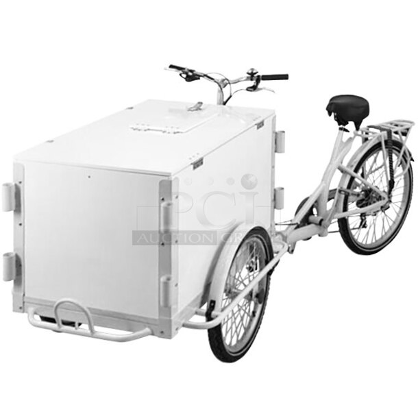 BRAND NEW SCRATCH AND DENT! 91546660 White Front Load Ice Cream Tricycle Bike with White Wooden Box. Missing a Wheel and Handlebars. - Image 1 of 5