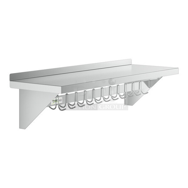 BRAND NEW SCRATCH AND DENT! Regency 600PS1548 15" x 48" Stainless Steel Wall Mounted Pot Rack with Shelf and 18 Galvanized Hooks - Image 1 of 6