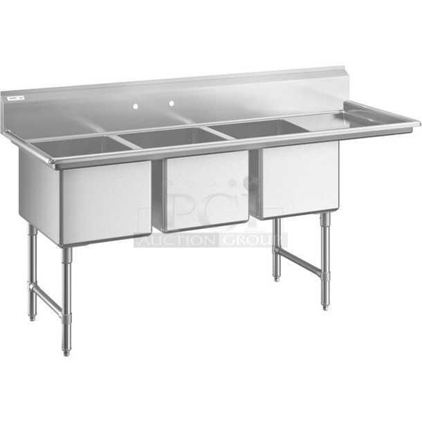 BRAND NEW SCRATCH AND DENT! Regency 600S3181824R Stainless Steel Commercial 3 Bay Sink w/ Right Side Drain Board. No Legs. Bays 18x18x14. Drain Board 22.5x19.5