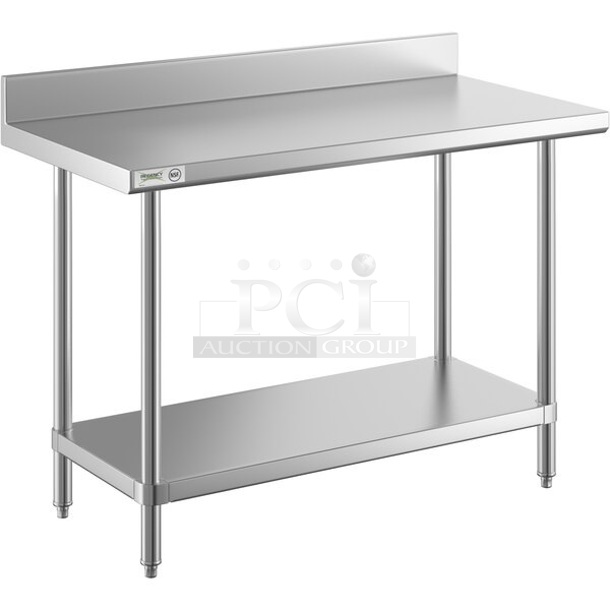BRAND NEW SCRATCH AND DENT! Regency 600TSB2448S 24" x 48" 16-Gauge Stainless Steel Commercial Work Table with 4" Backsplash and Undershelf. May Be Missing Pieces.  - Image 1 of 3