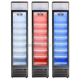 BRAND NEW IN BOX! Galaxy 177GDN5RBB Metal Commercial Single Door Reach In Cooler Merchandiser w/ Poly Coated Racks and Red, White, and Blue LED Lighting. 110-120 Volts, 1 Phase. Tested and Working!