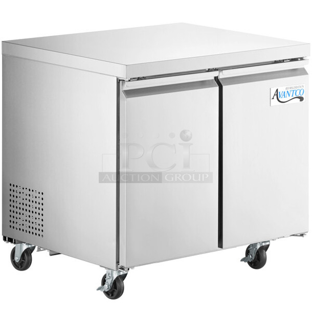 BRAND NEW SCRATCH AND DENT! 2023 Avantco 178SSUC36RHC Stainless Steel Commercial 2 Door Work Top Cooler on Commercial Casters. 115 Volts, 1 Phase. - Item #1098433