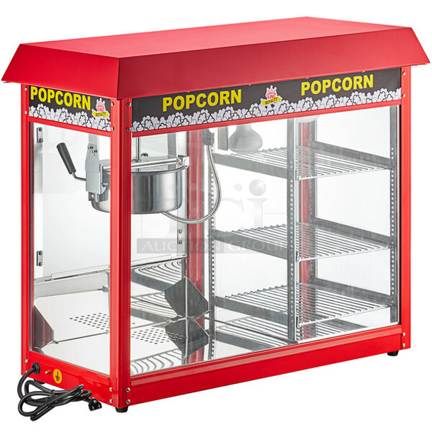 BRAND NEW SCRATCH AND DENT! Carnival King 382PMW17R Stainless Steel Commercial Royalty Series 8 oz. Commercial Popcorn Machine / Popper with Warming / Holding Merchandiser. See Pictures For Broken Glass. 120 Volts, 1 Phase. Tested and Working!