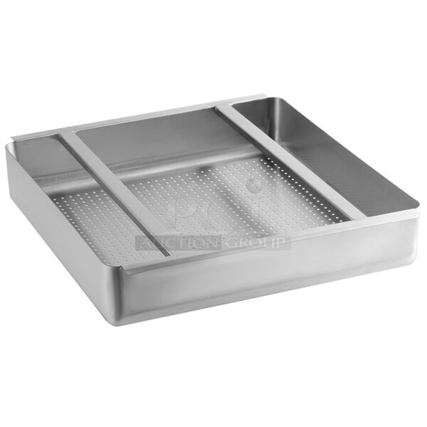 BRAND NEW SCRATCH AND DENT! Regency 600RSSB20 19 1/2" x 19 1/2" x 4" 18-Gauge Stainless Steel Scrap / Pre-Rinse Basket with Stainless Steel Slides - Image 1 of 2