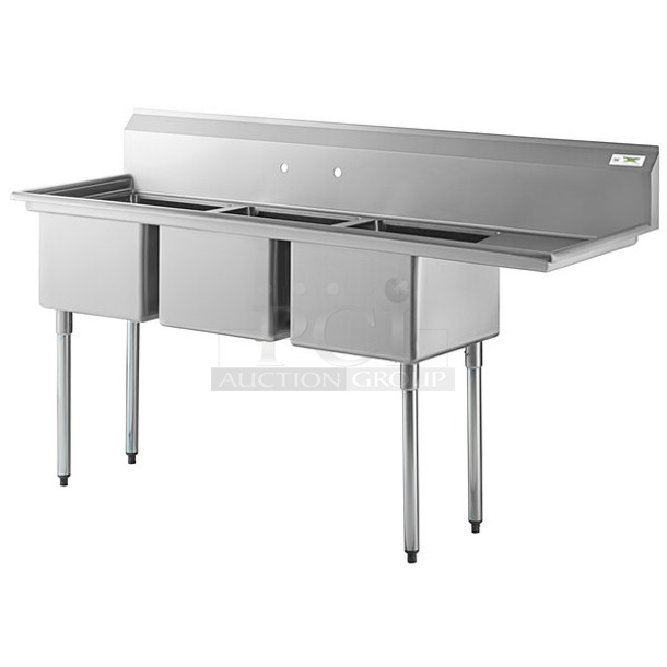 BRAND NEW SCRATCH AND DENT! Regency 600S3171718R Stainless Steel 76" 16 Gauge Stainless Steel Three Compartment Sink with Galvanized Steel Legs and 1 Drainboard - 17" x 17" x 12" Bowls - Image 1 of 6