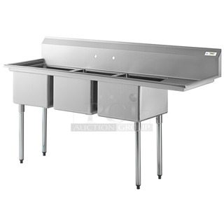 BRAND NEW SCRATCH AND DENT! Regency 600S3171718R Stainless Steel 76" 16 Gauge Stainless Steel Three Compartment Sink with Galvanized Steel Legs and 1 Drainboard - 17" x 17" x 12" Bowls