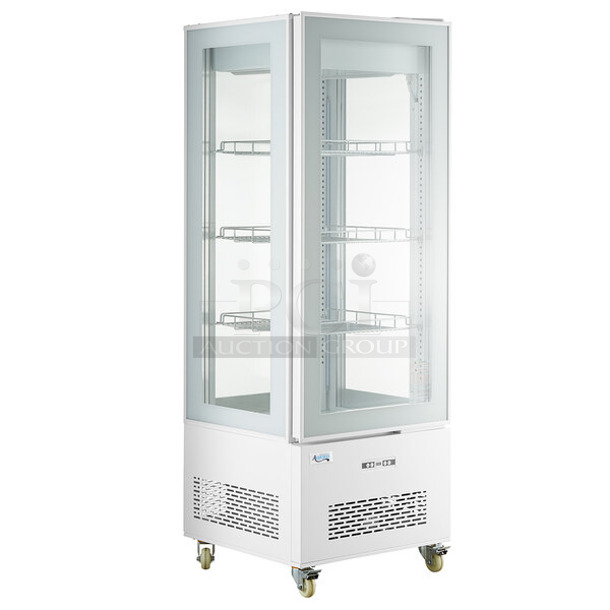 BRAND NEW SCRATCH AND DENT! Avantco 193GD4C15HCW Metal Commercial  White 4-Sided Glass Refrigerated Display Case on Commercial Casters. 110-120 Volts, 1 Phase. Tested and Working! - Image 1 of 7