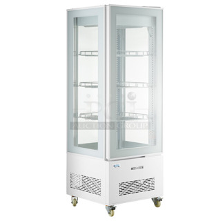 BRAND NEW SCRATCH AND DENT! Avantco 193GD4C15HCW Metal Commercial  White 4-Sided Glass Refrigerated Display Case on Commercial Casters. 110-120 Volts, 1 Phase. Tested and Working!