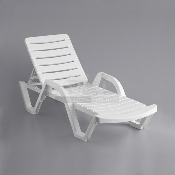12 BRAND NEW SCRATCH AND DENT! Lancaster Table & Seating 427CHAISEWH White Stacking Adjustable Resin Chaise. 12 Times Your Bid!  - Image 1 of 4