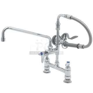 BRAND NEW SCRATCH AND DENT! T&S B-0178 Deck Mounted Pre-Rinse Faucet with Adjustable 8" Centers, 20" Hose, 12" Add-On Faucet, and 90 Degree Swivel Adapter