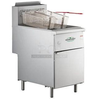 BRAND NEW SCRATCH AND DENT! 2023 Mainstreet 541FF100L Liquid Propane 70-100 lb. Stainless Steel Floor Fryer w/ 2 Metal Fry Baskets. 150,000 BTU